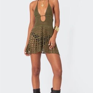 Olive Green Crochet Halter Dress